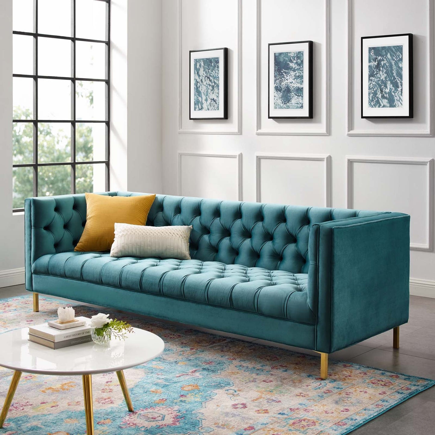 Delight Tufted Button Performance Velvet Sofa Sea Blue EEI-3455-SEA