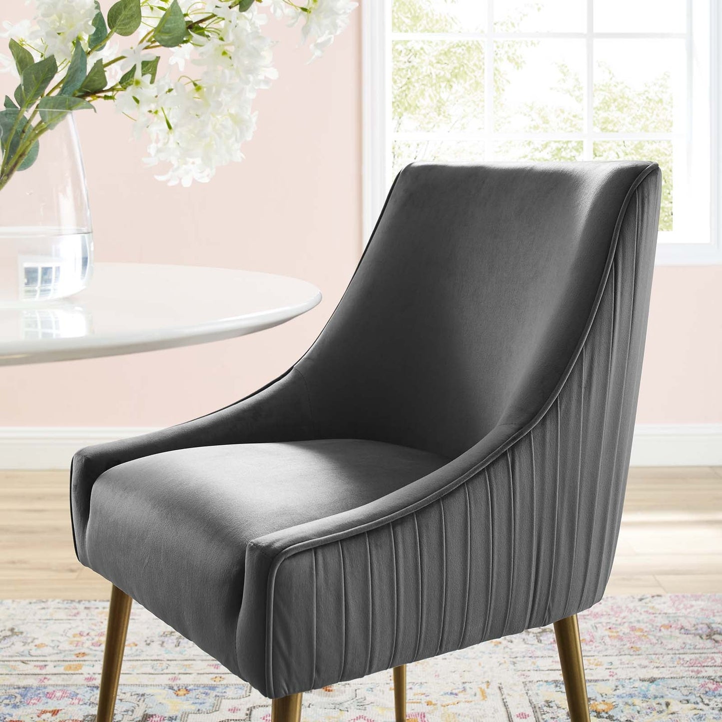 Discern Pleated Back Upholstered Performance Velvet Dining Chair Gray EEI-3509-GRY