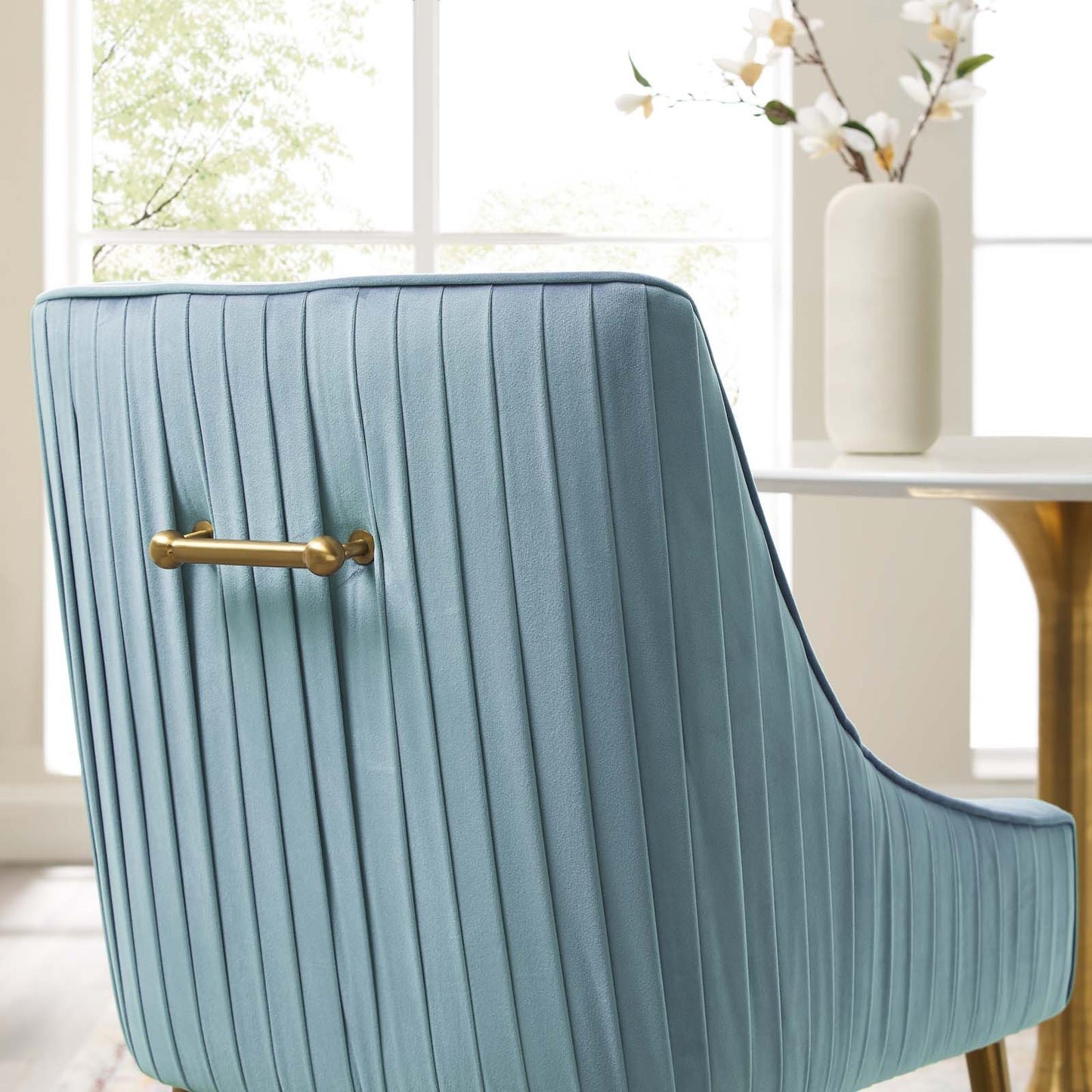 Discern Pleated Back Upholstered Performance Velvet Dining Chair Light Blue EEI-3509-LBU