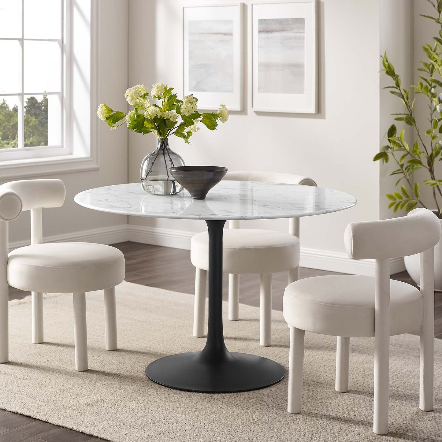 Lippa 48" Round Artificial Marble Dining Table Black White EEI-3527-BLK-WHI