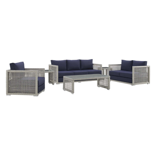 Aura 6 Piece Outdoor Patio Wicker Rattan Set Gray Navy EEI-3559-GRY-NAV-SET