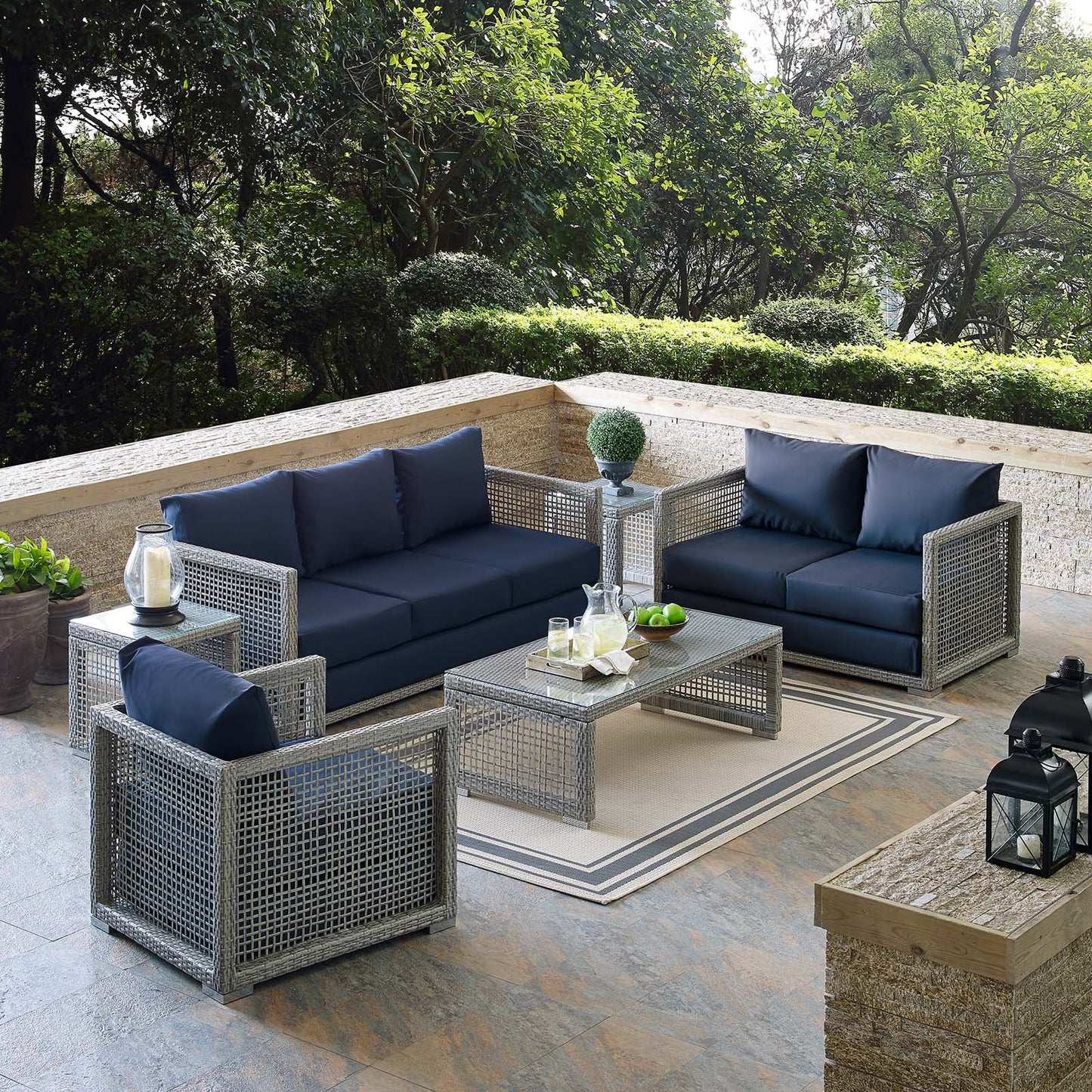 Aura 6 Piece Outdoor Patio Wicker Rattan Set Gray Navy EEI-3559-GRY-NAV-SET