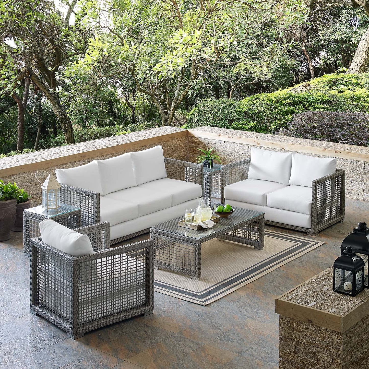 Aura 6 Piece Outdoor Patio Wicker Rattan Set Gray White EEI-3559-GRY-WHI-SET