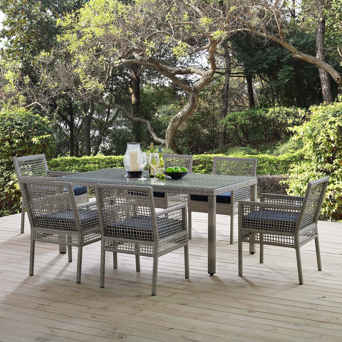 Aura 7 Piece Outdoor Patio Wicker Rattan Set Gray Navy EEI-3560-GRY-NAV-SET