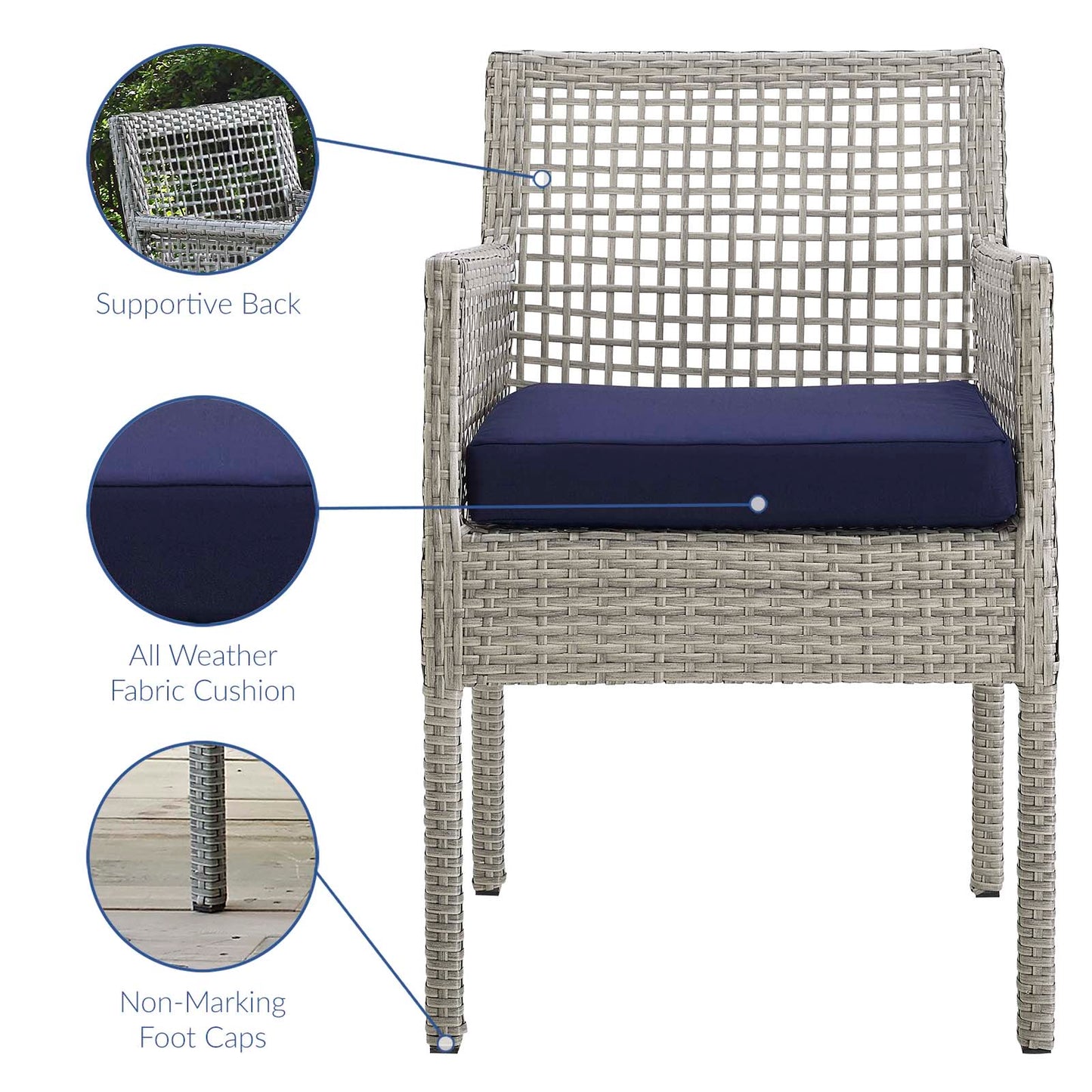 Aura Dining Armchair Outdoor Patio Wicker Rattan Set of 2 Gray Navy EEI-3561-GRY-NAV