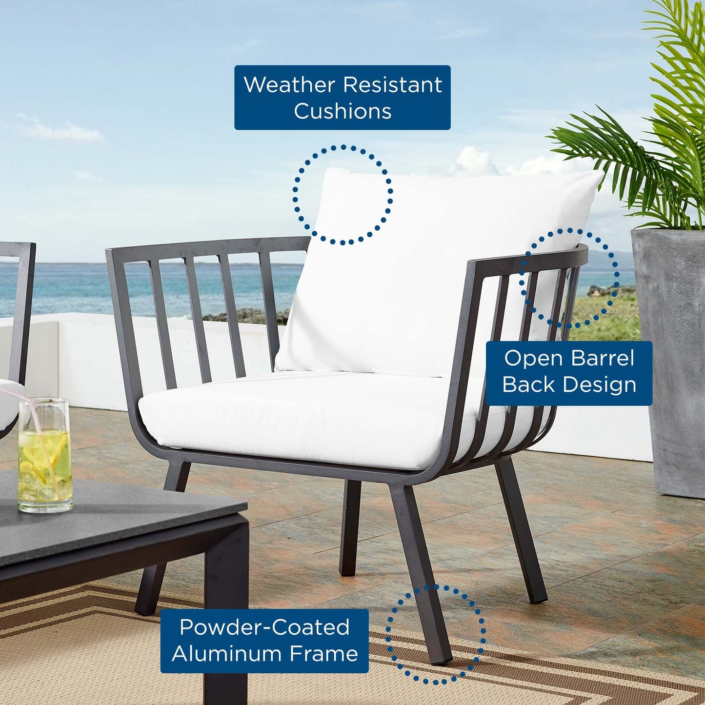 Riverside Outdoor Patio Aluminum Armchair Gray White EEI-3566-SLA-WHI