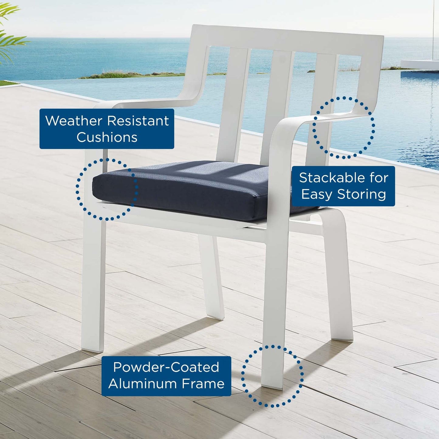 Baxley Stackable Outdoor Patio Aluminum Dining Armchair White Navy EEI-3571-WHI-NAV