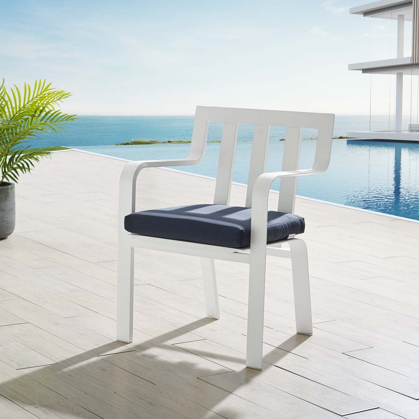 Baxley Stackable Outdoor Patio Aluminum Dining Armchair White Navy EEI-3571-WHI-NAV