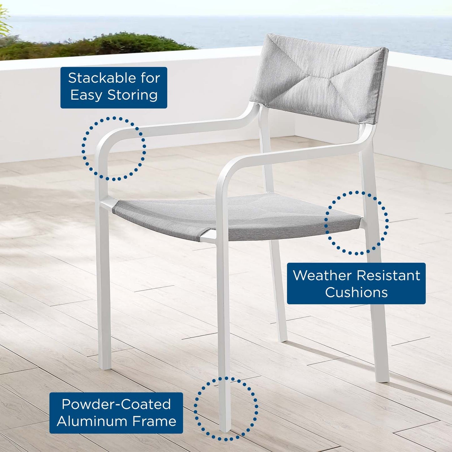 Raleigh Stackable Outdoor Patio Aluminum Dining Armchair White Gray EEI-3573-WHI-GRY