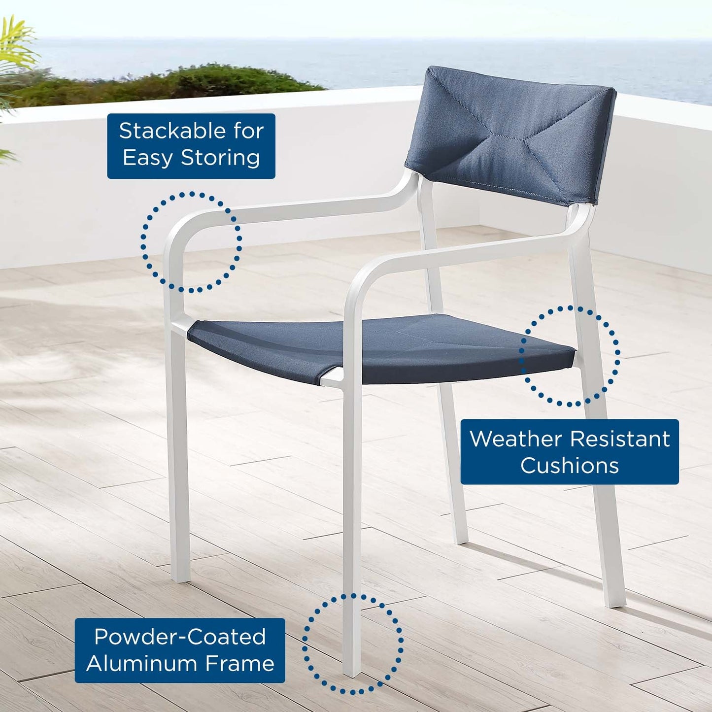 Raleigh Stackable Outdoor Patio Aluminum Dining Armchair White Navy EEI-3573-WHI-NAV