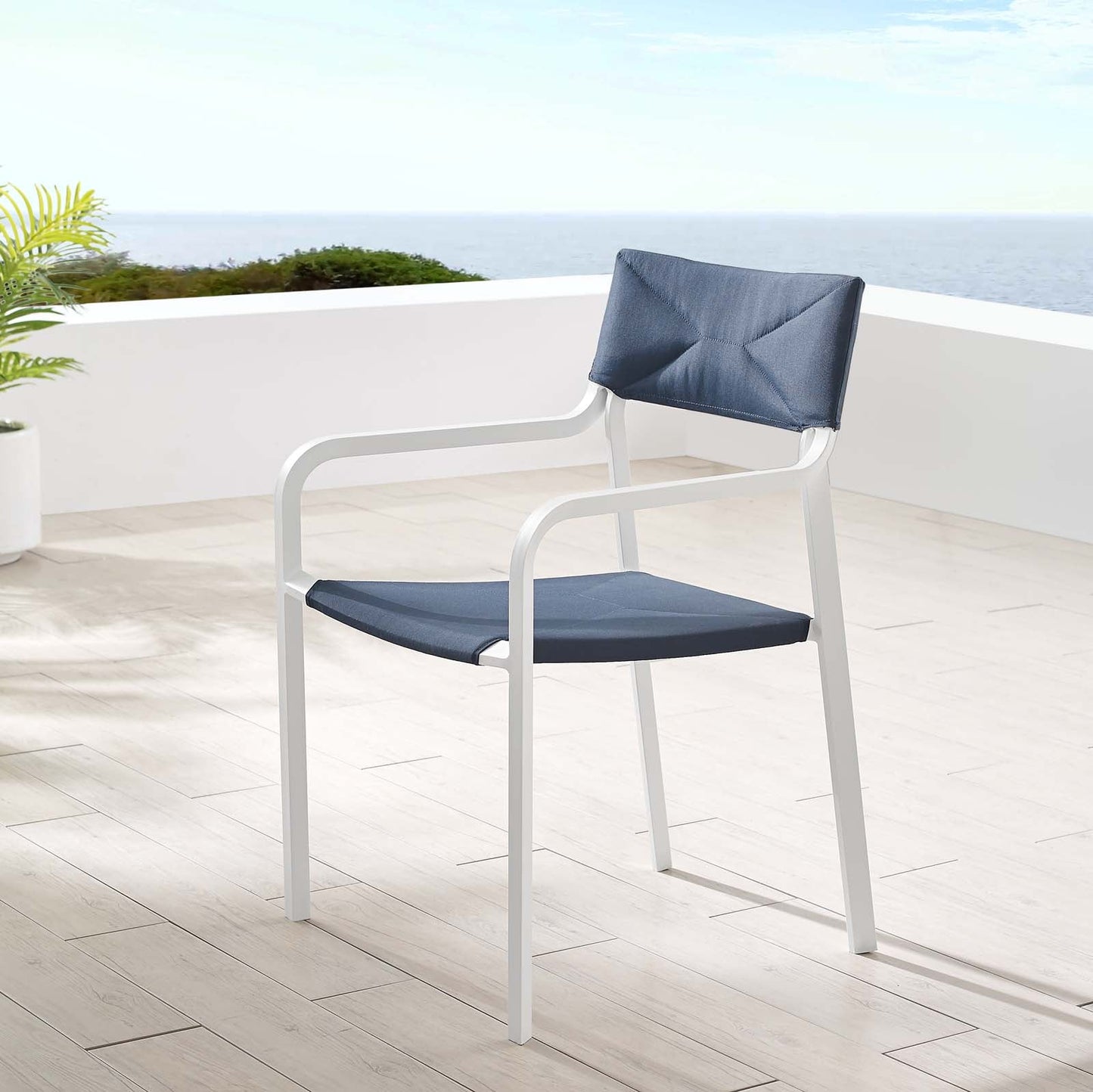 Raleigh Stackable Outdoor Patio Aluminum Dining Armchair White Navy EEI-3573-WHI-NAV