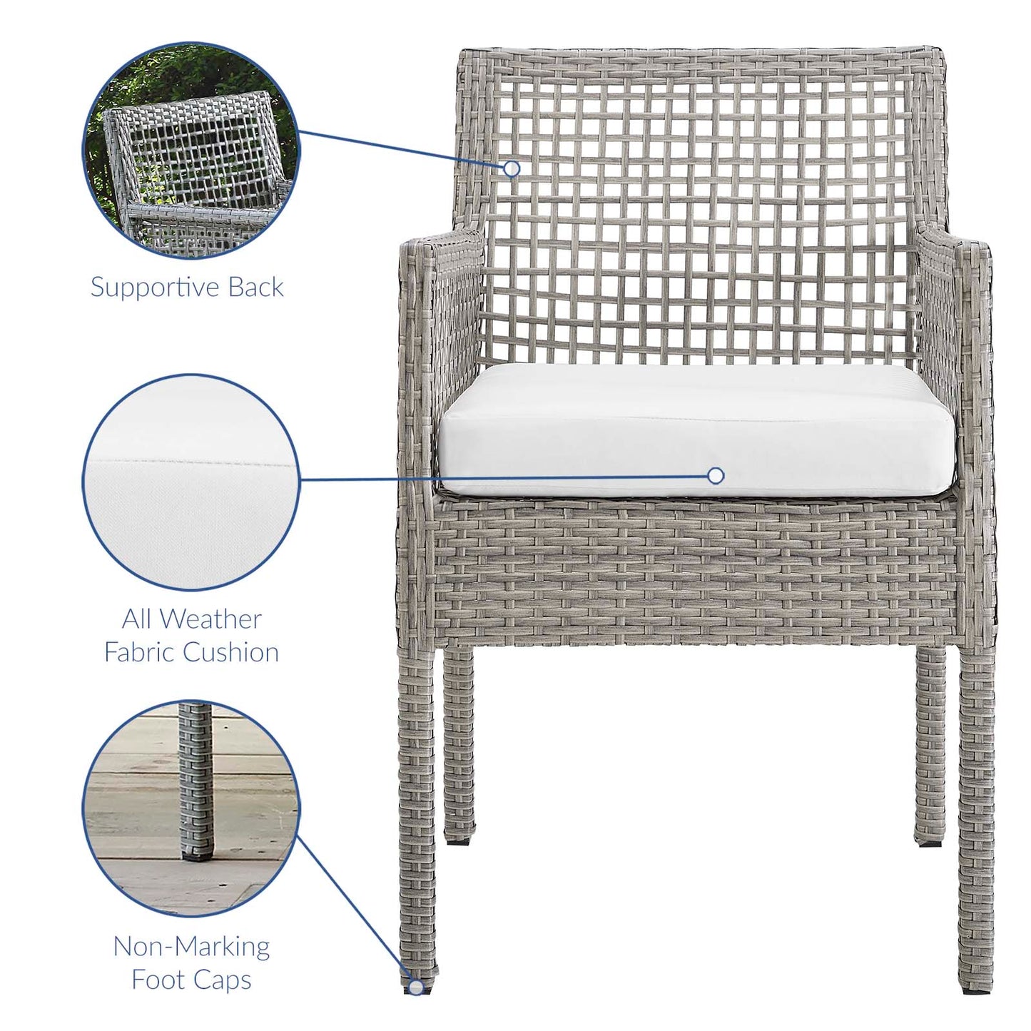 Aura Dining Armchair Outdoor Patio Wicker Rattan Set of 4 Gray White EEI-3594-GRY-WHI