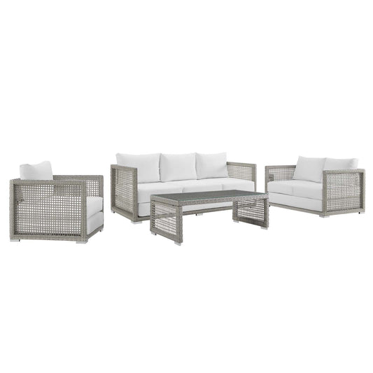 Aura 4 Piece Outdoor Patio Wicker Rattan Set Gray White EEI-3596-GRY-WHI-SET