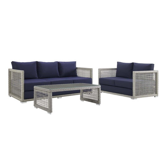 Aura 3 Piece Outdoor Patio Wicker Rattan Set Gray Navy EEI-3598-GRY-NAV-SET