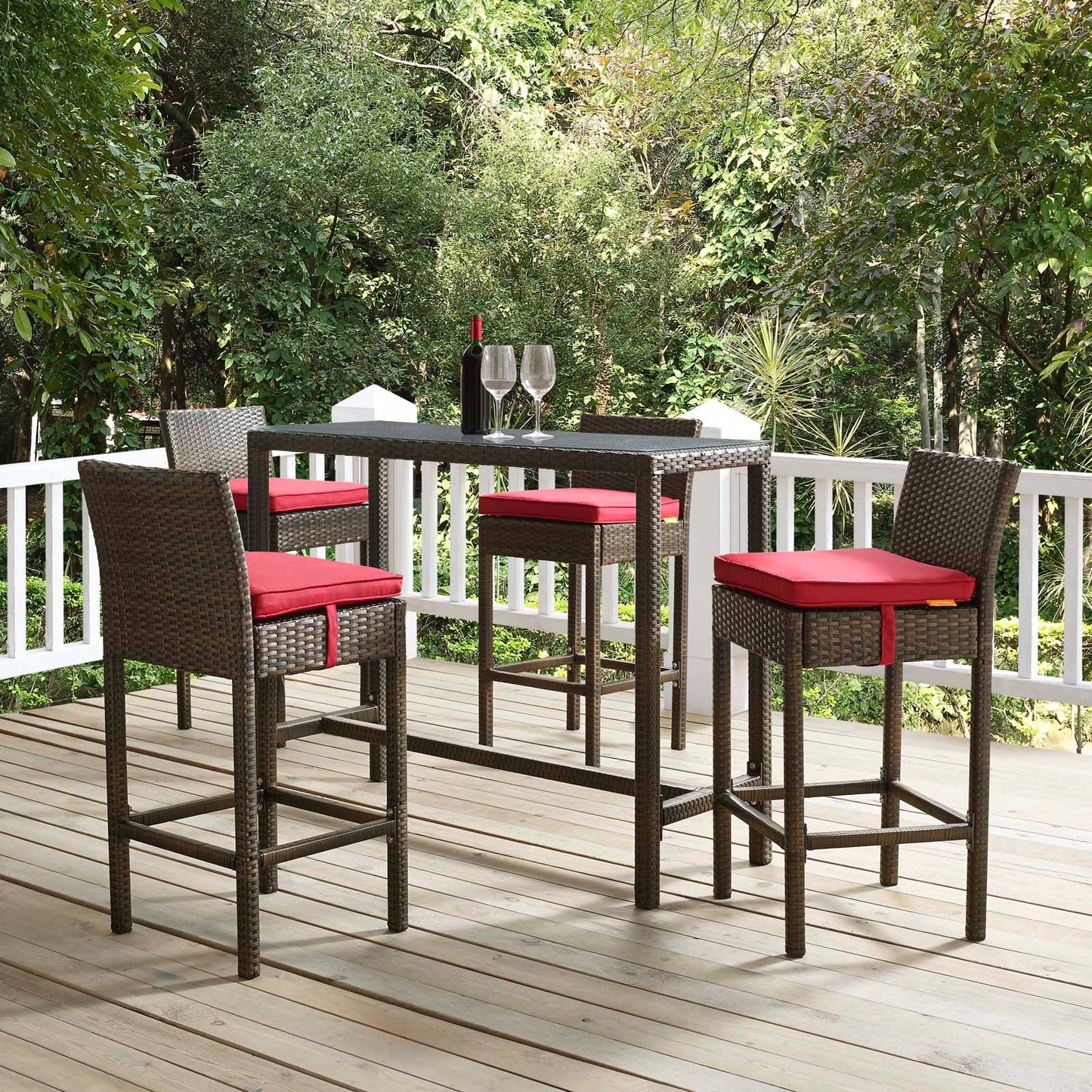 Conduit Bar Stool Outdoor Patio Wicker Rattan Set of 4 Brown Red EEI-3601-BRN-RED