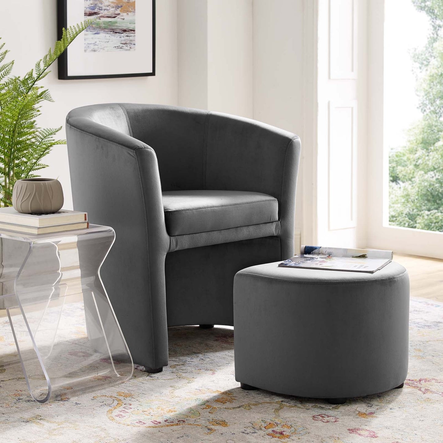 Divulge Performance Velvet Arm Chair and Ottoman Set Gray EEI-3607-GRY