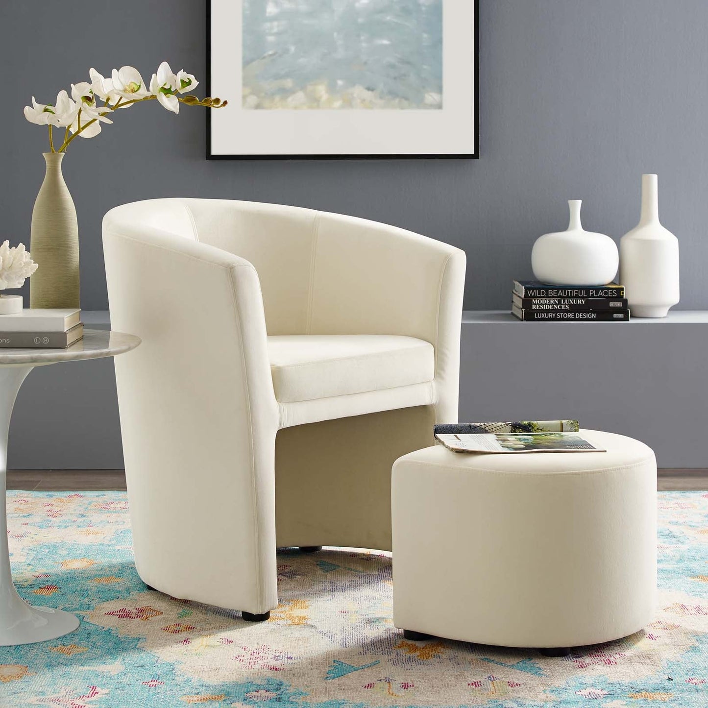 Divulge Performance Velvet Arm Chair and Ottoman Set Ivory EEI-3607-IVO