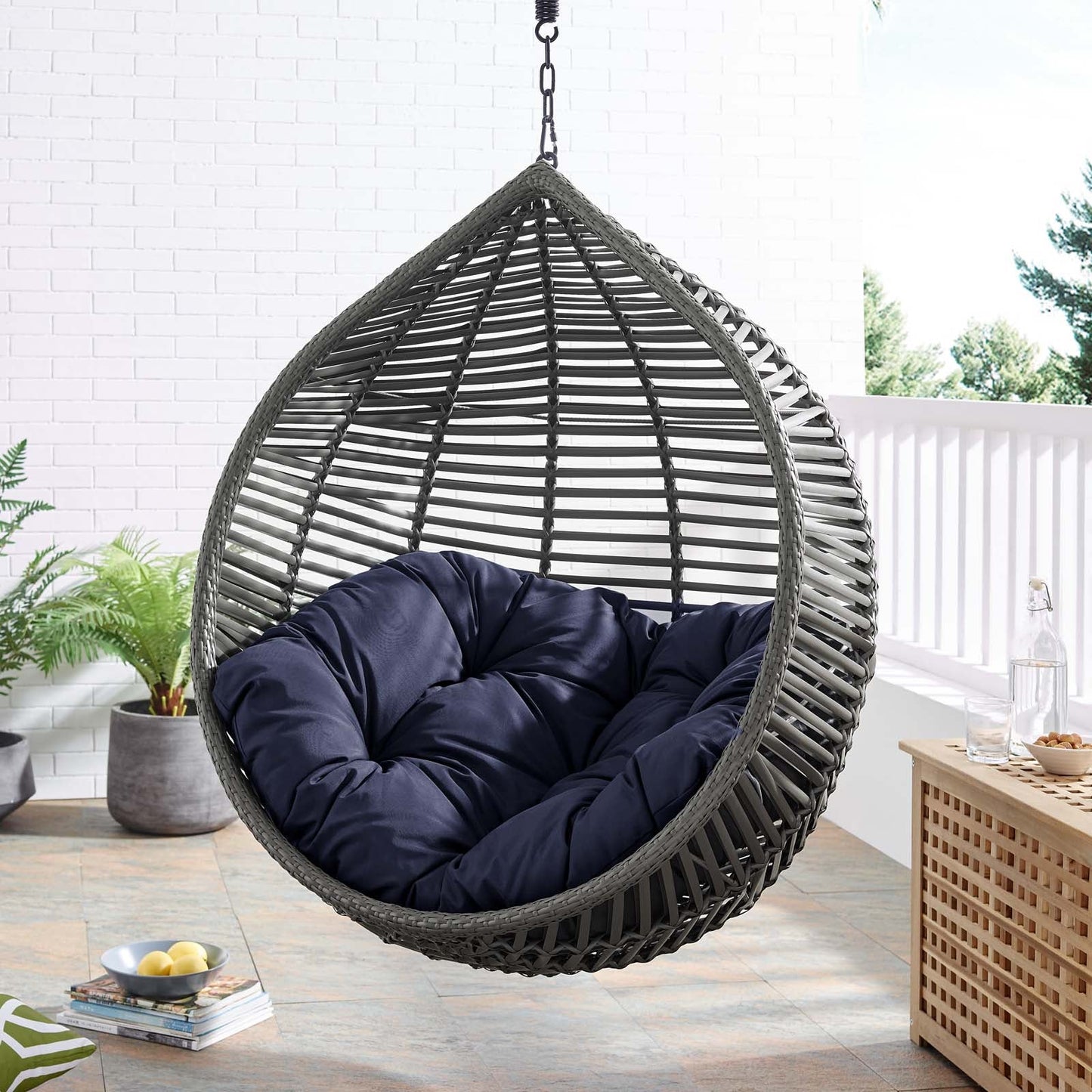 Garner Teardrop Outdoor Patio Swing Chair Gray Navy EEI-3614-GRY-NAV