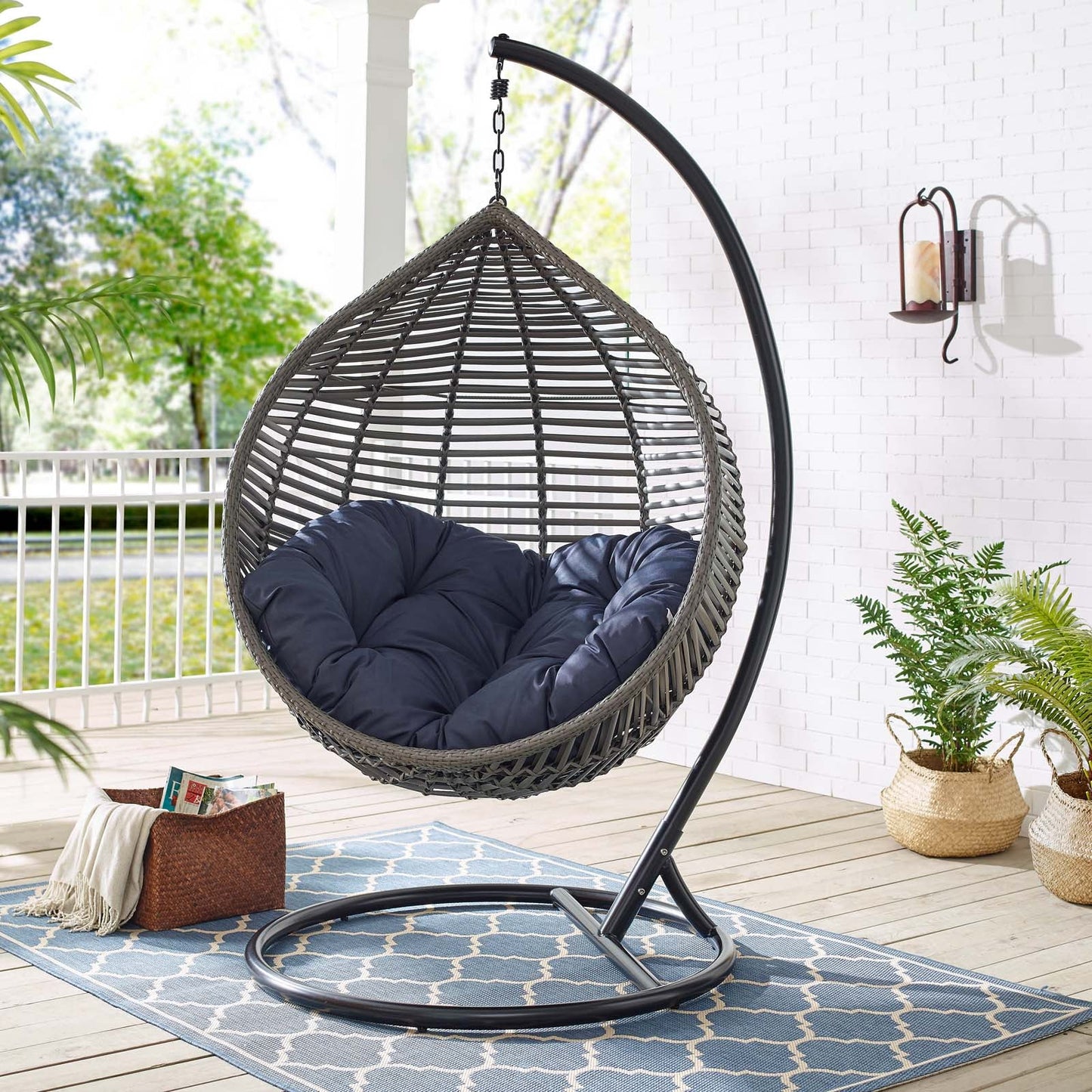 Garner Teardrop Outdoor Patio Swing Chair Gray Navy EEI-3614-GRY-NAV