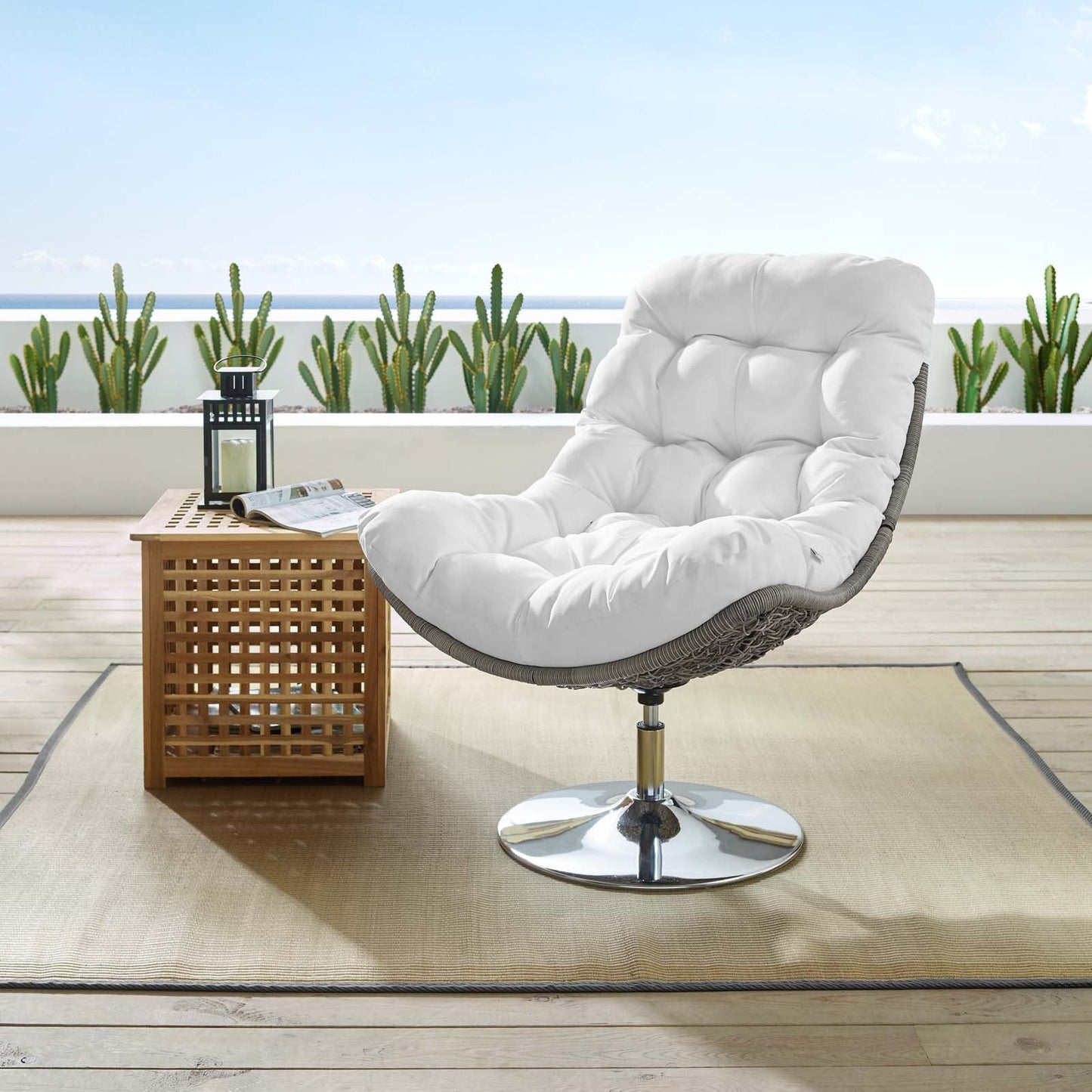 Brighton Wicker Rattan Outdoor Patio Swivel Lounge Chair Light Gray White EEI-3616-LGR-WHI