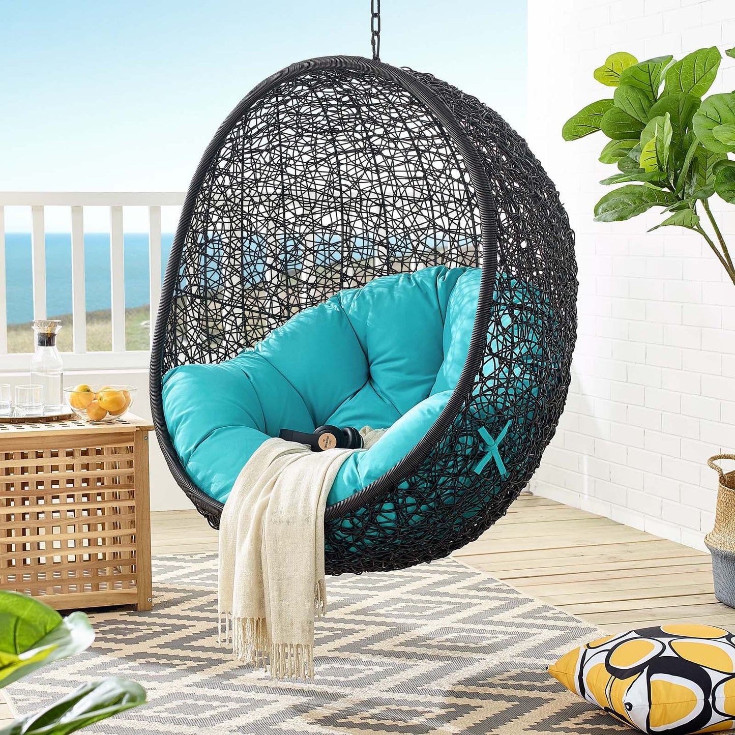 Encase Swing Outdoor Patio Lounge Chair Without Stand Black Turquoise EEI-3636-BLK-TRQ