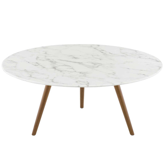 Lippa 36" Round Artificial Marble Coffee Table with Tripod Base Walnut White EEI-3661-WAL-WHI