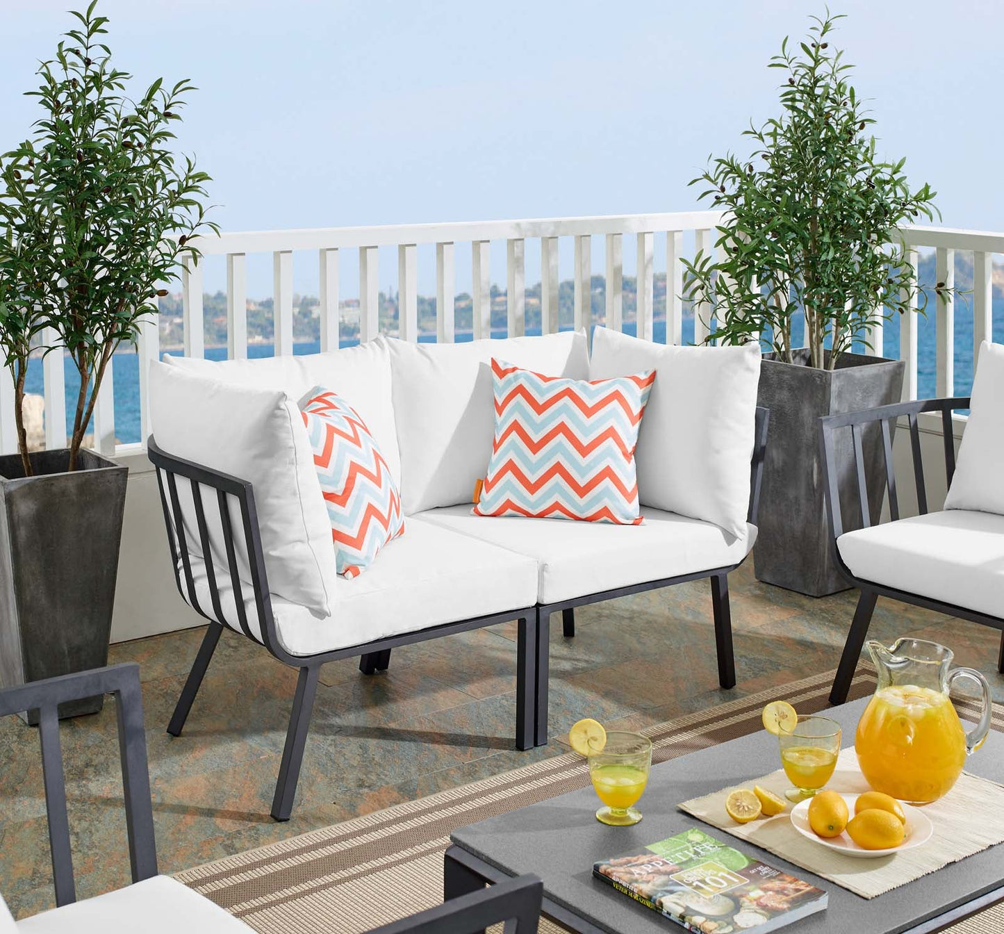 Riverside 2 Piece Outdoor Patio Aluminum Sectional Sofa Set Gray White EEI-3781-SLA-WHI