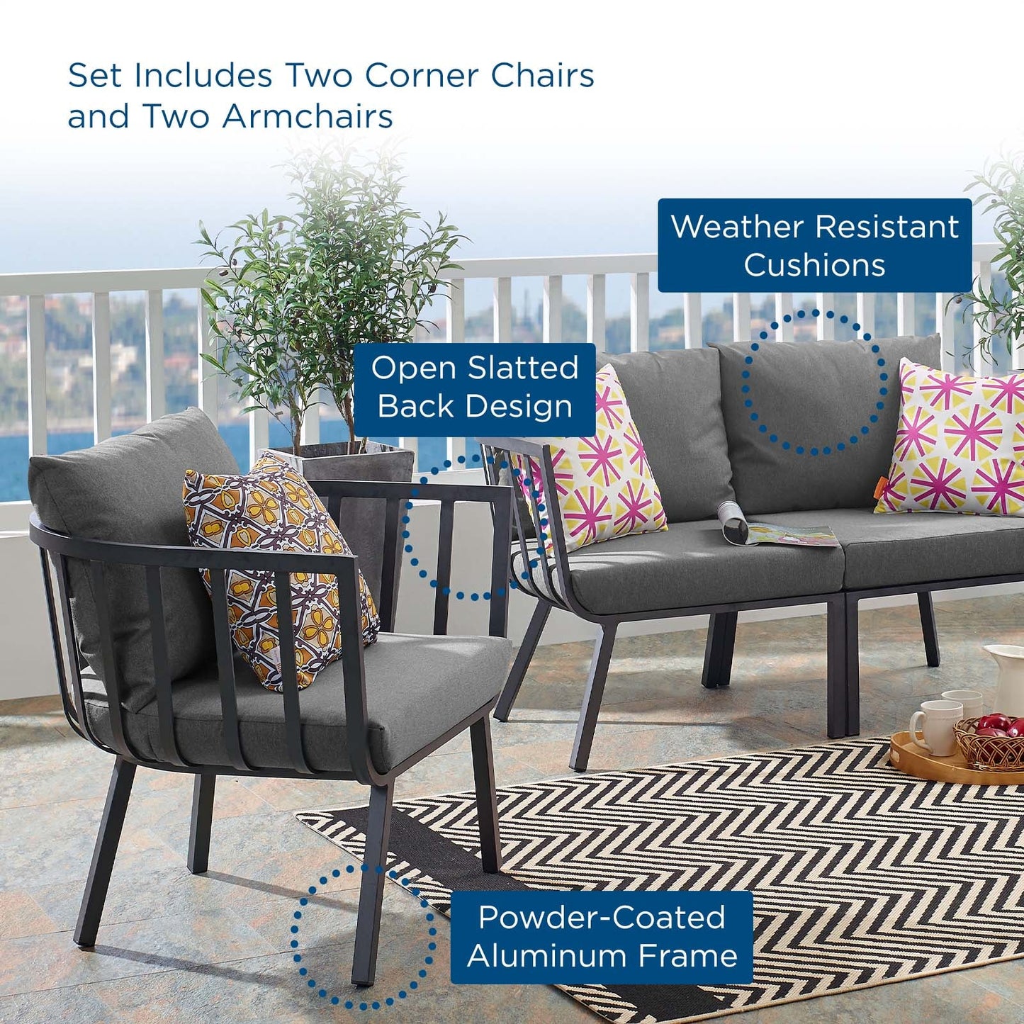 Riverside 4 Piece Outdoor Patio Aluminum Set Gray Charcoal EEI-3787-SLA-CHA