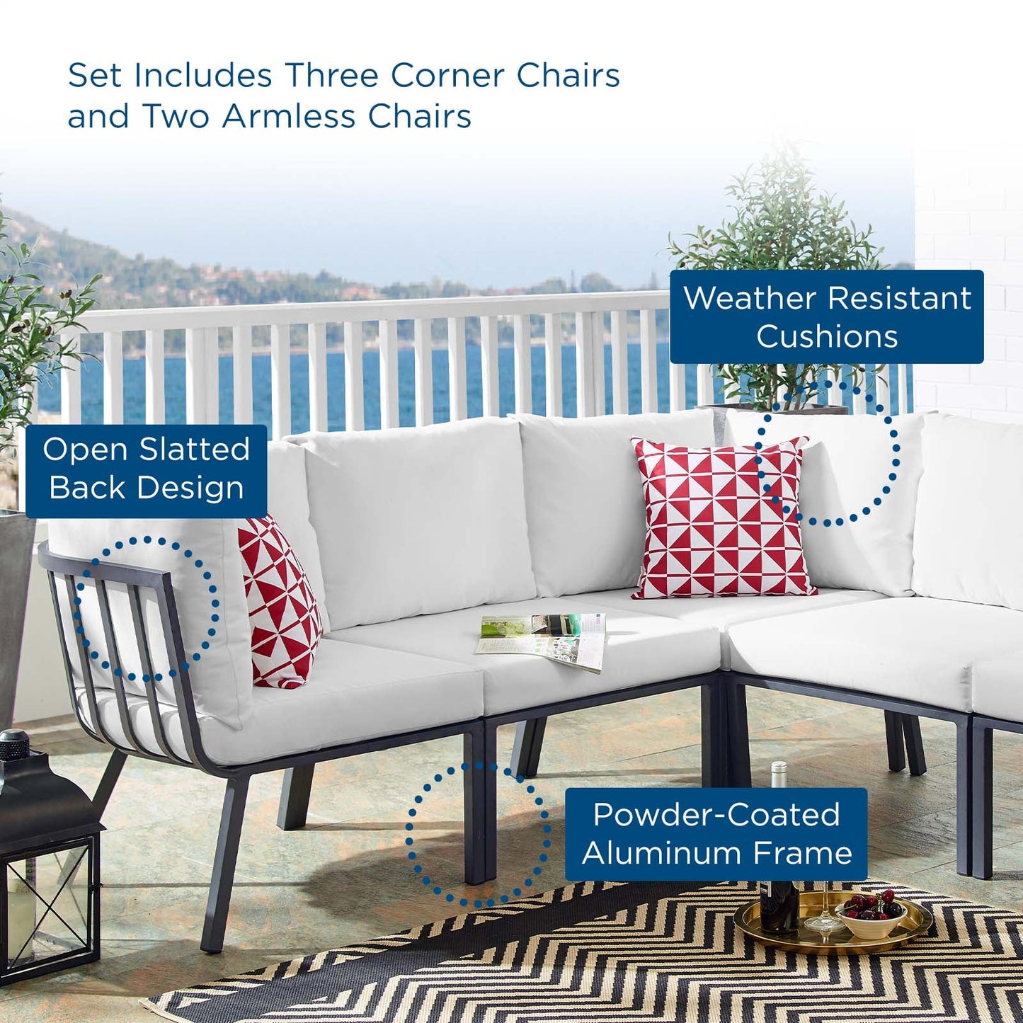 Riverside 5 Piece Outdoor Patio Aluminum Sectional Gray White EEI-3789-SLA-WHI