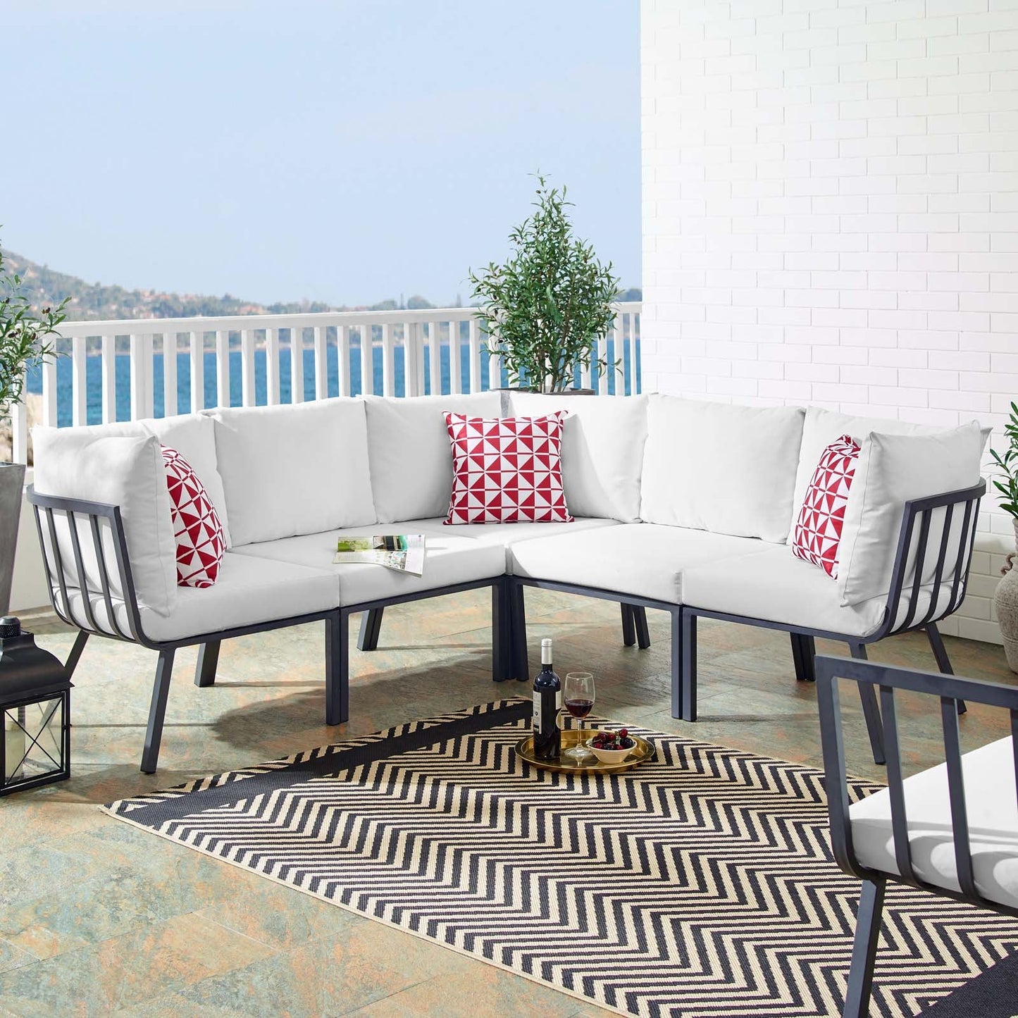 Riverside 5 Piece Outdoor Patio Aluminum Sectional Gray White EEI-3789-SLA-WHI