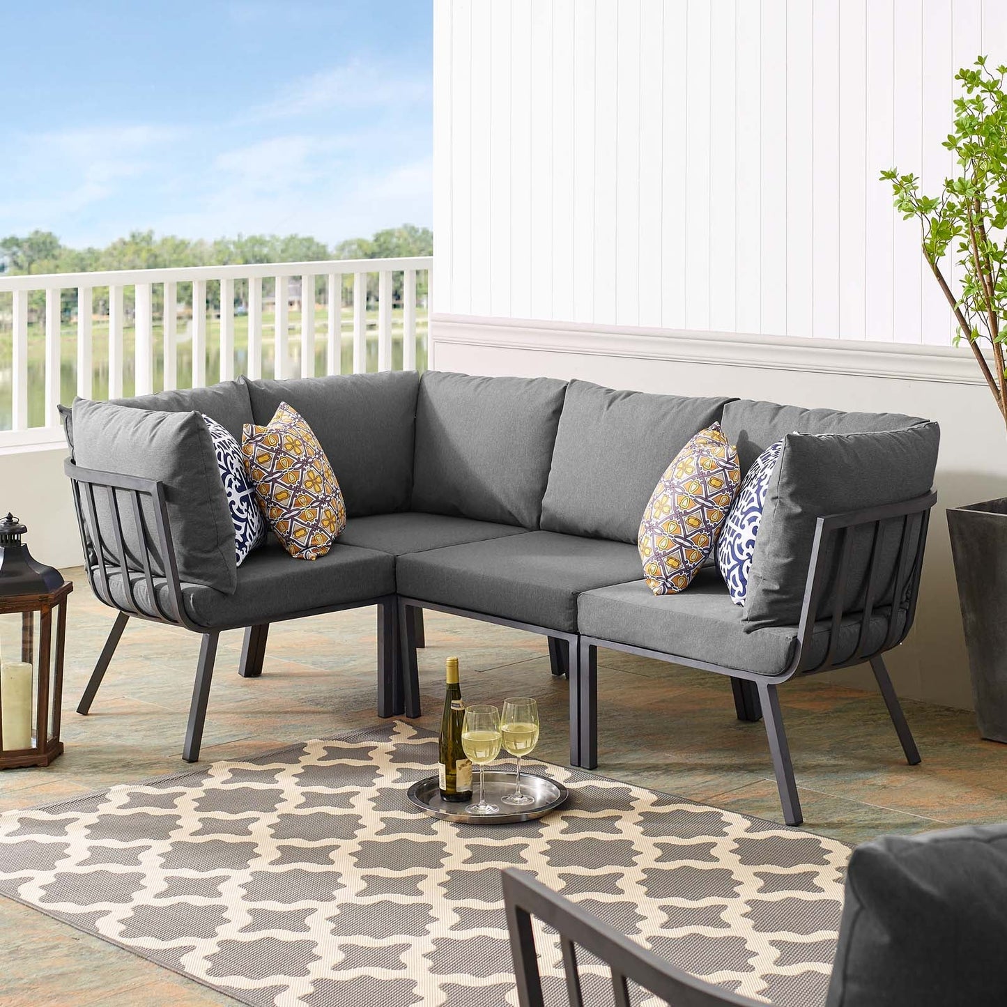 Riverside 4 Piece Outdoor Patio Aluminum Sectional Gray Charcoal EEI-3794-SLA-CHA