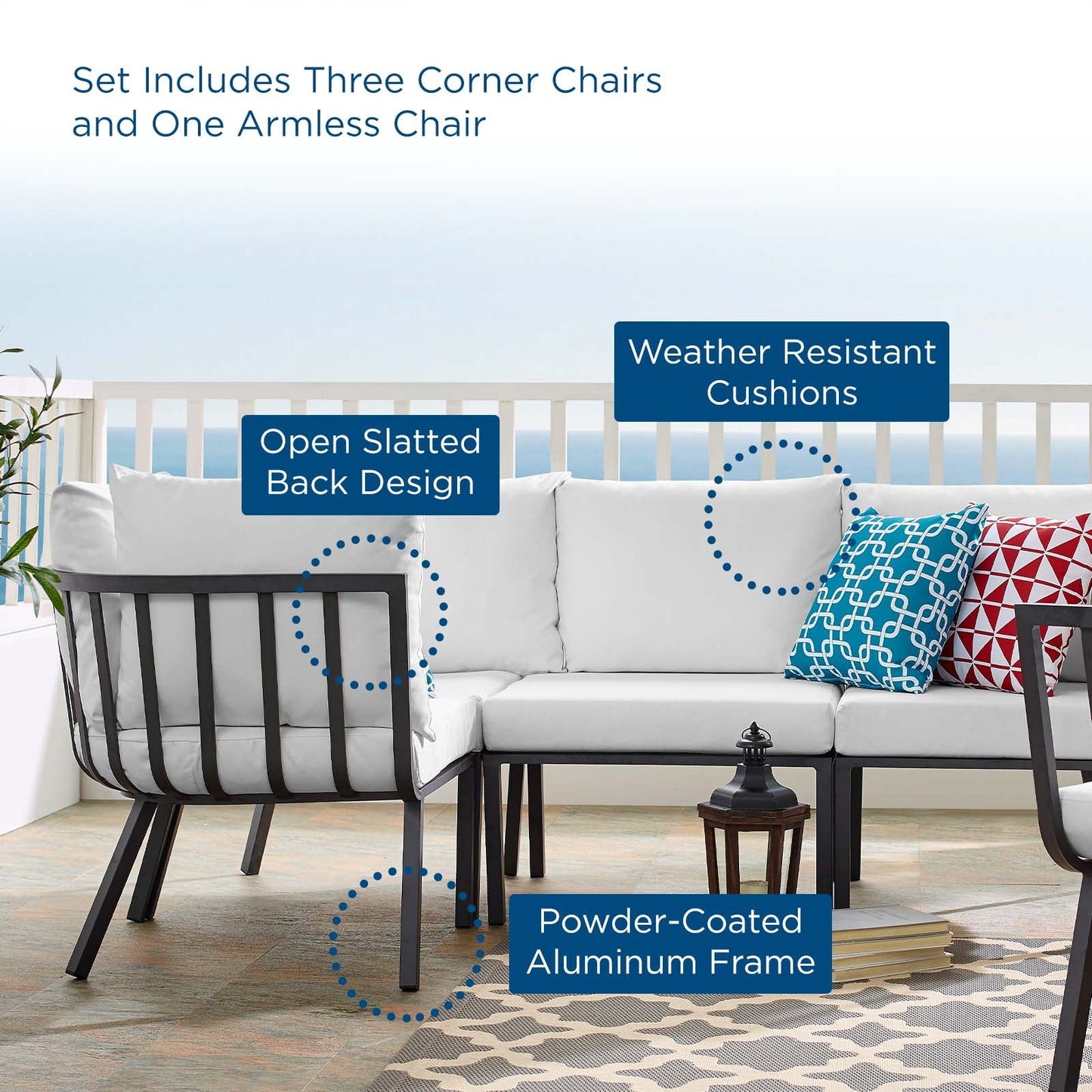 Riverside 4 Piece Outdoor Patio Aluminum Sectional Gray White EEI-3794-SLA-WHI