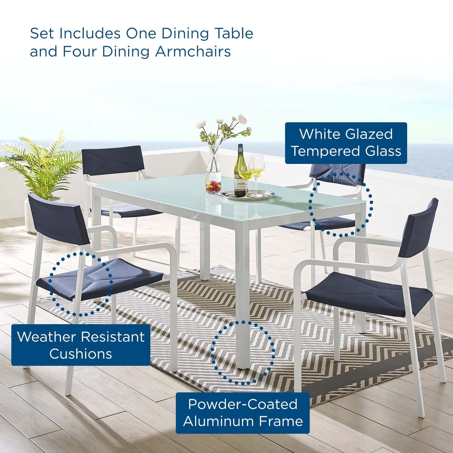 Raleigh 5 Piece Outdoor Patio Aluminum Dining Set White Navy EEI-3796-WHI-NAV