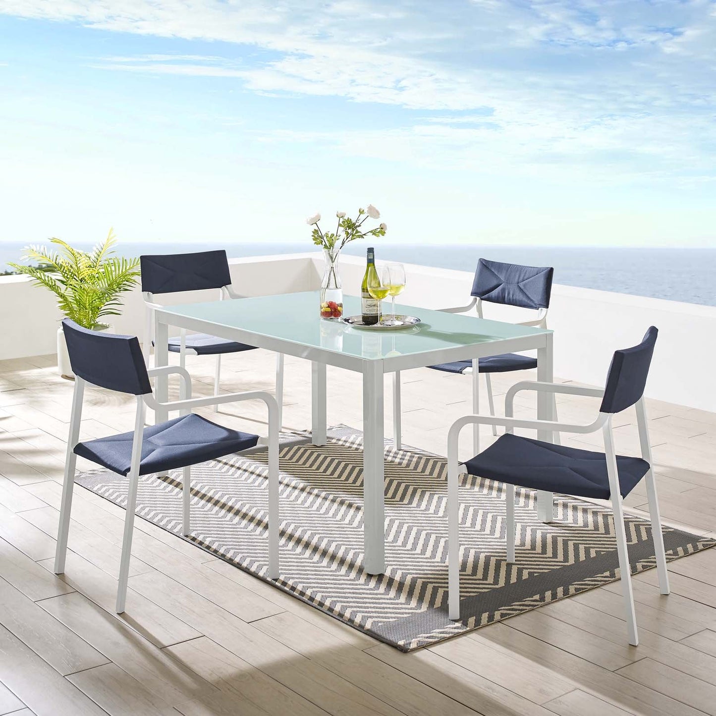 Raleigh 5 Piece Outdoor Patio Aluminum Dining Set White Navy EEI-3796-WHI-NAV