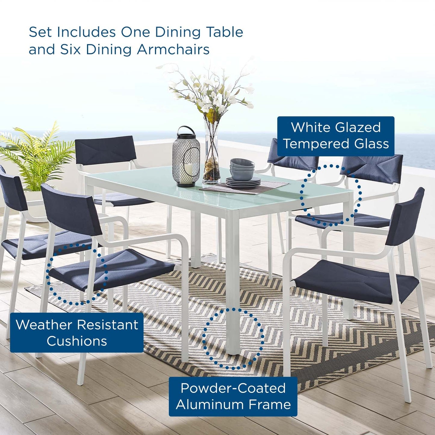 Raleigh 7 Piece Outdoor Patio Aluminum Dining Set White Navy EEI-3797-WHI-NAV