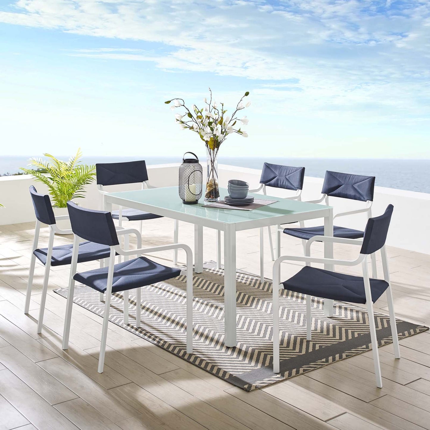 Raleigh 7 Piece Outdoor Patio Aluminum Dining Set White Navy EEI-3797-WHI-NAV