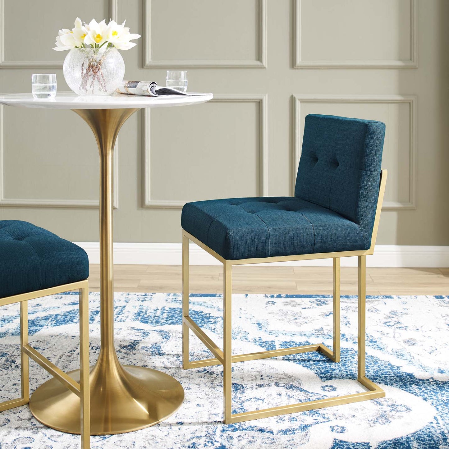 Privy Gold Stainless Steel Upholstered Fabric Counter Stool Gold Azure EEI-3852-GLD-AZU