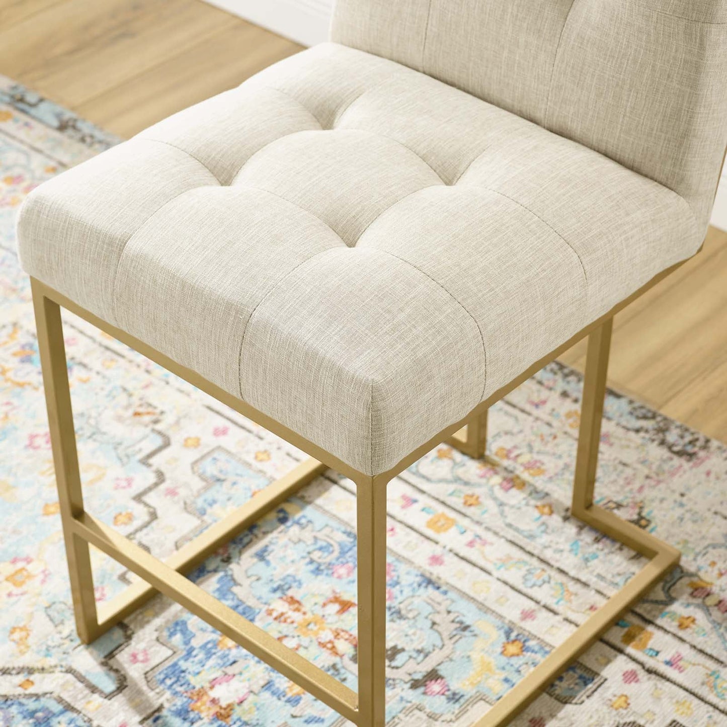 Privy Gold Stainless Steel Upholstered Fabric Counter Stool Gold Beige EEI-3852-GLD-BEI