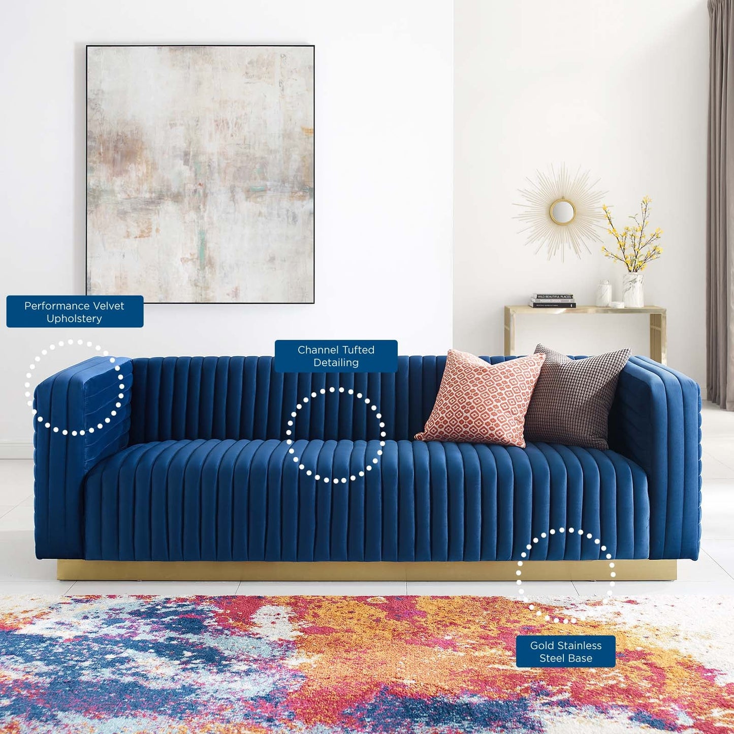 Charisma Channel Tufted Performance Velvet Living Room Sofa Navy EEI-3886-NAV