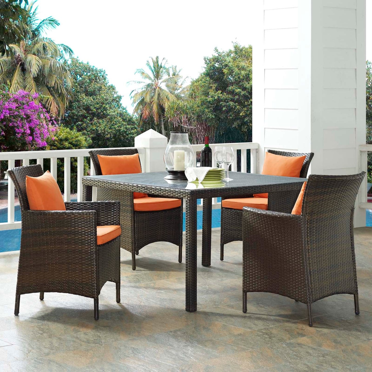 Conduit 5 Piece Outdoor Patio Wicker Rattan Set Brown Orange EEI-3893-BRN-ORA-SET