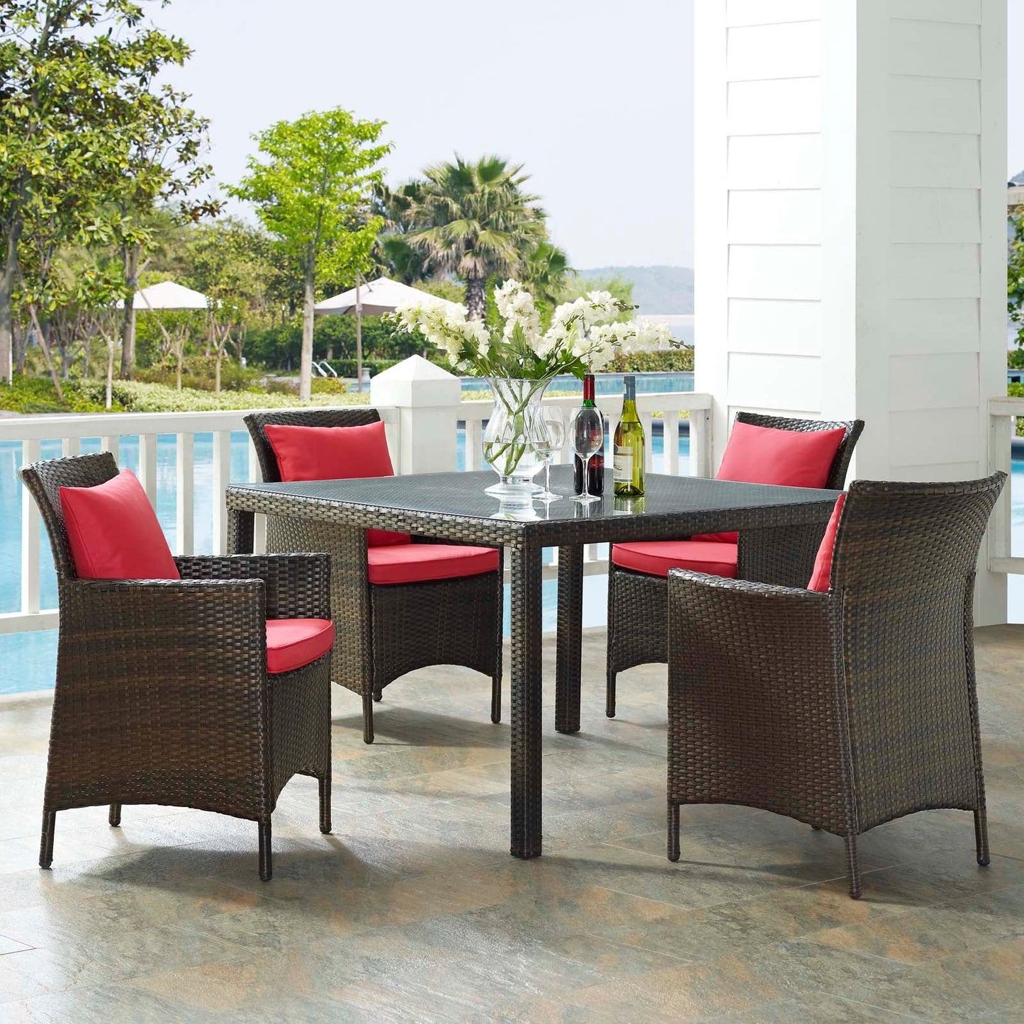 Conduit 5 Piece Outdoor Patio Wicker Rattan Set Brown Red EEI-3893-BRN-RED-SET