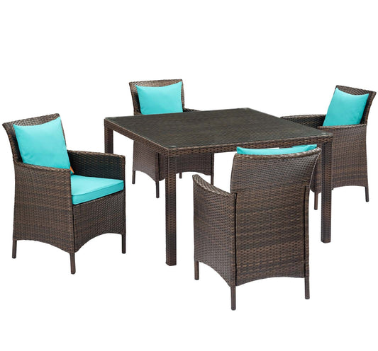 Conduit 5 Piece Outdoor Patio Wicker Rattan Set Brown Turquoise EEI-3893-BRN-TRQ-SET