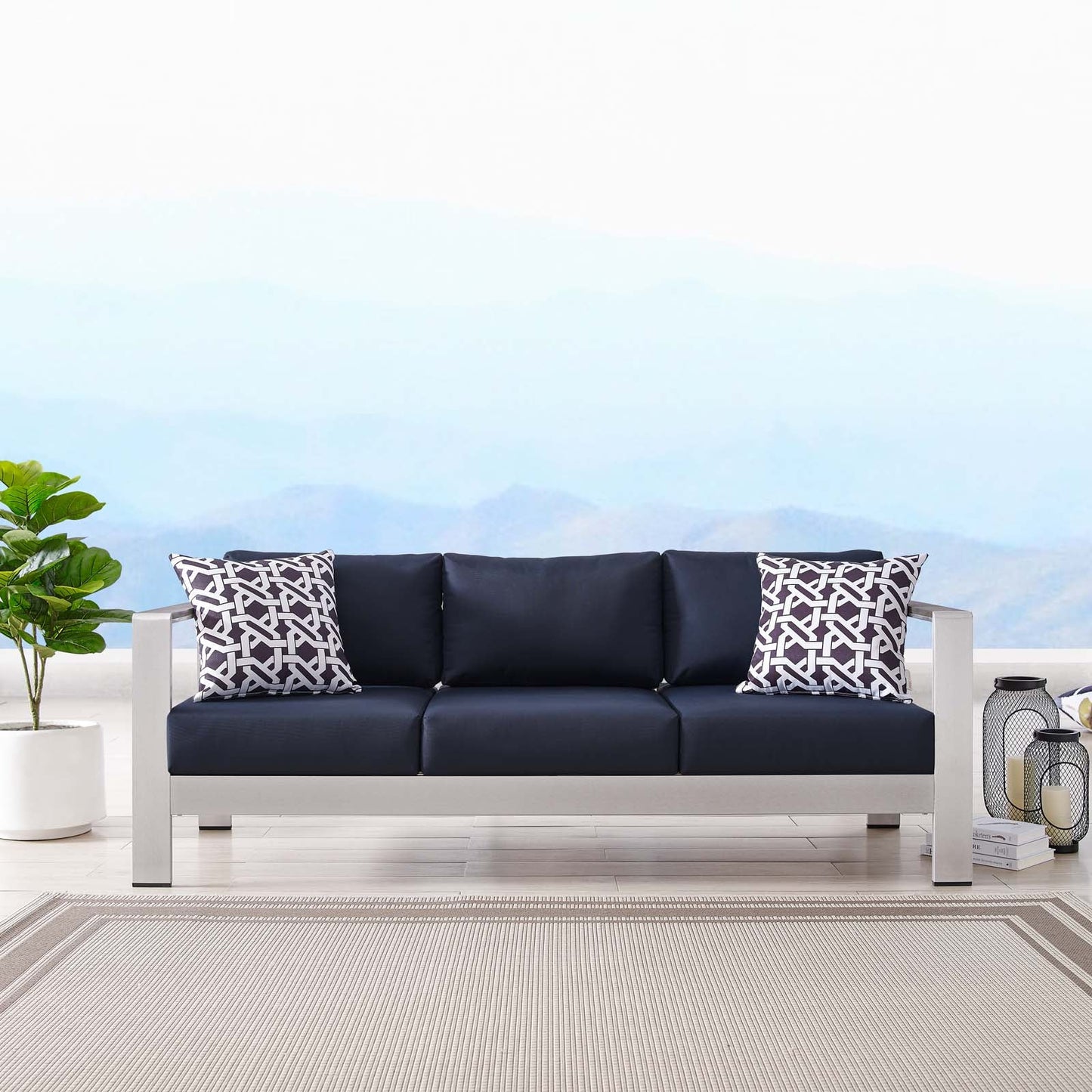 Shore Outdoor Patio Aluminum Sofa Silver Navy EEI-3917-SLV-NAV