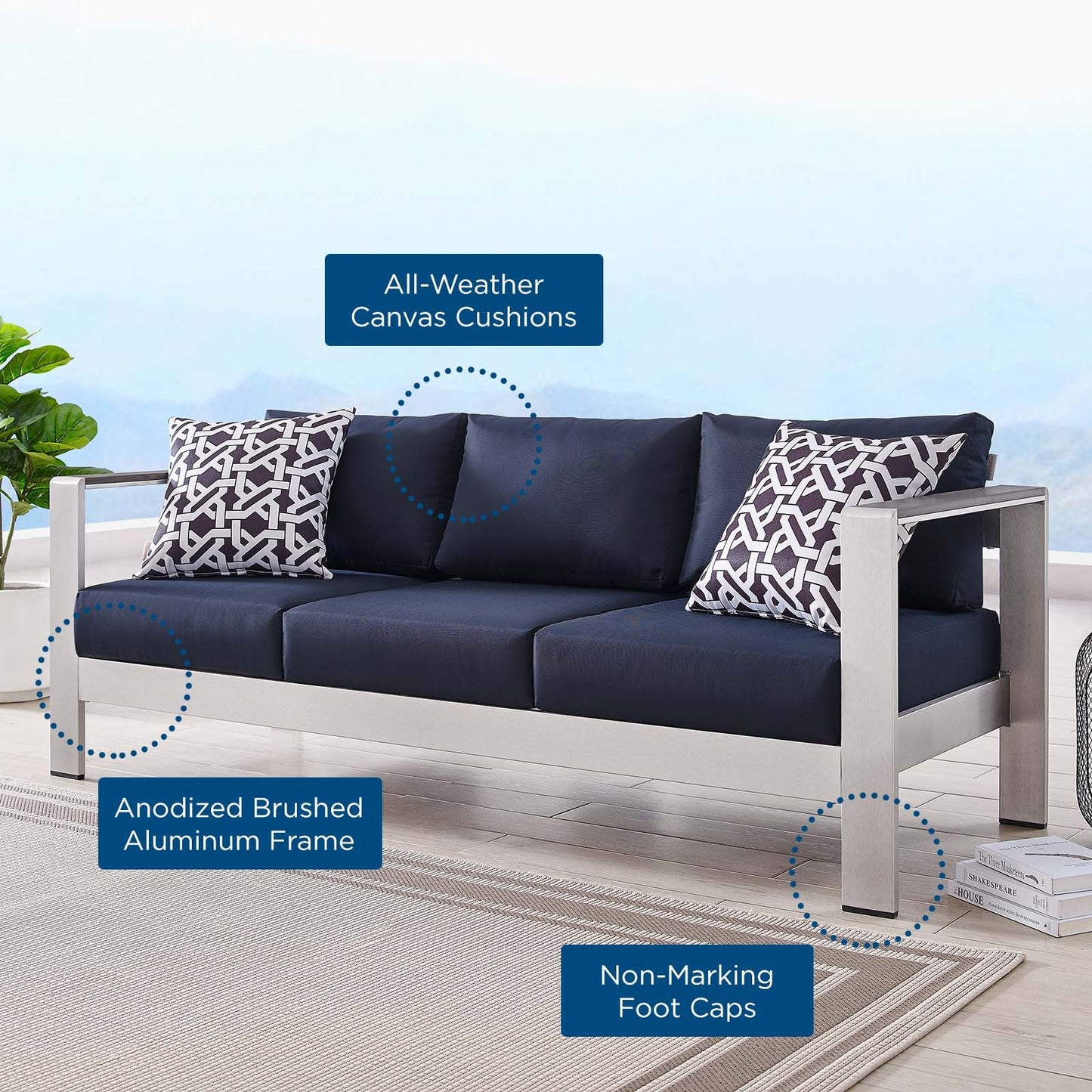 Shore Outdoor Patio Aluminum Sofa Silver Navy EEI-3917-SLV-NAV