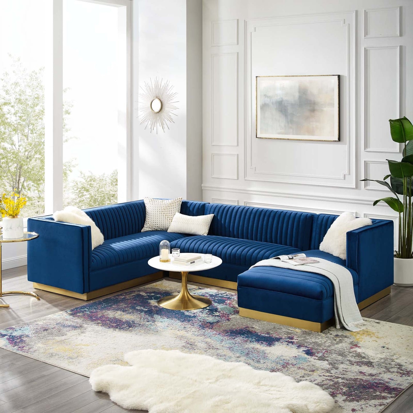 Sanguine 3 Piece Performance Velvet Sectional Sofa Set Navy EEI-3921-NAV