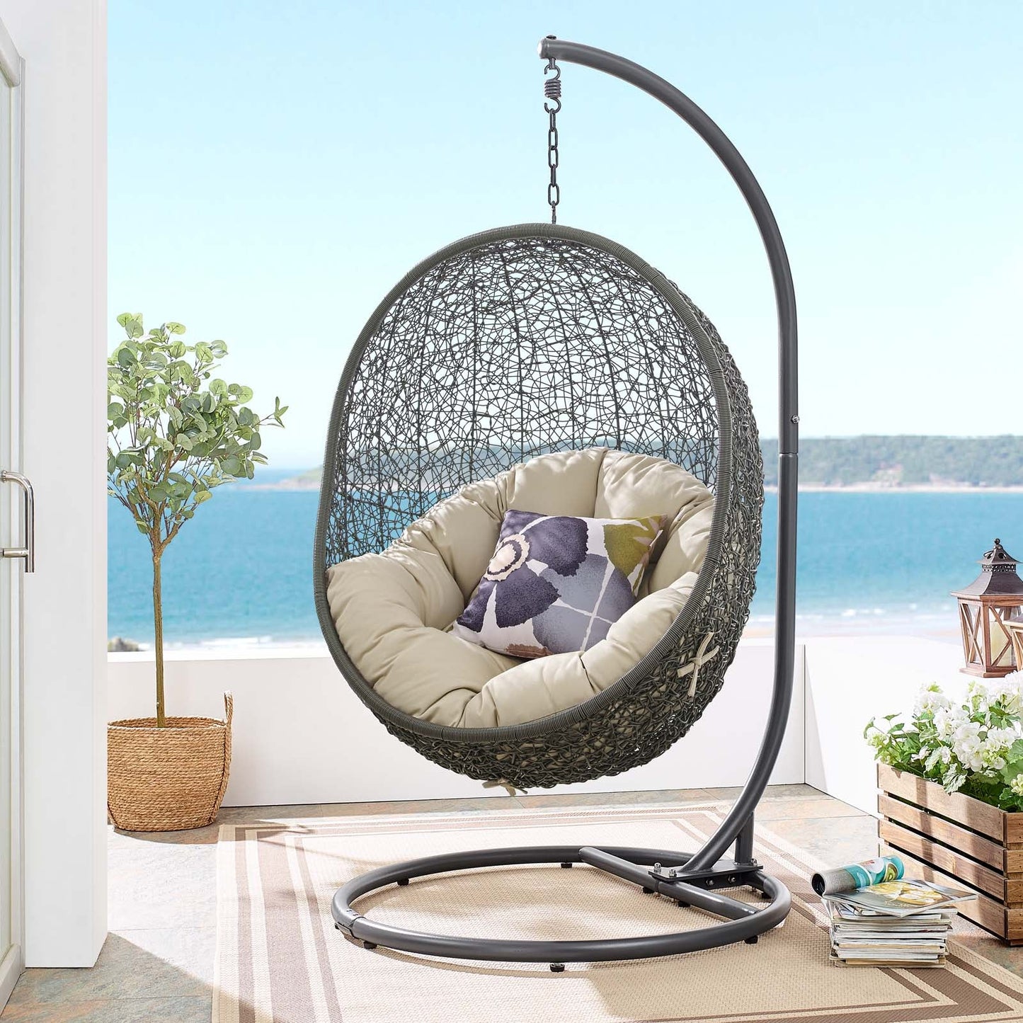 Hide Outdoor Patio Sunbrella® Swing Chair With Stand Gray Beige EEI-3929-GRY-BEI