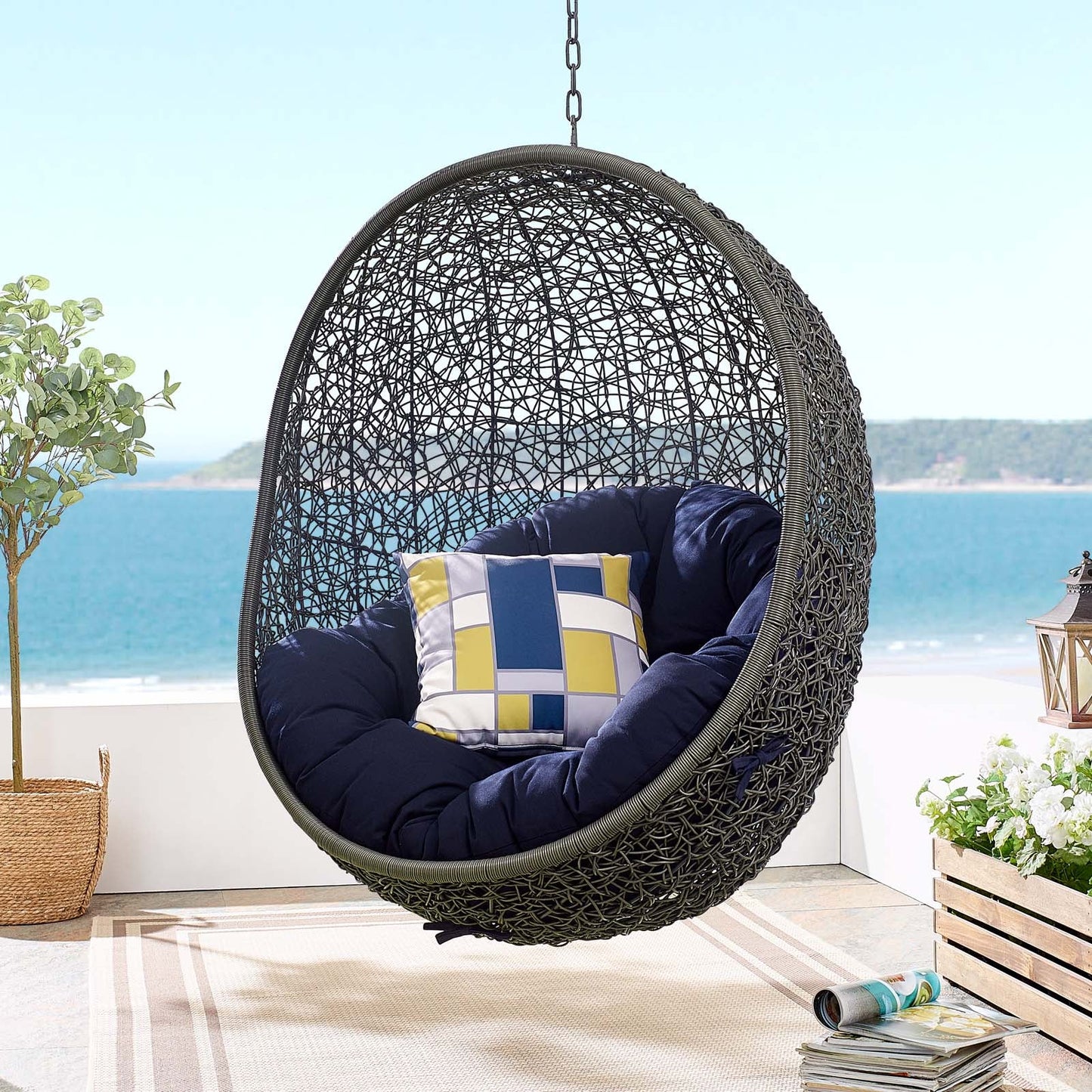 Hide Outdoor Patio Sunbrella® Swing Chair With Stand Gray Navy EEI-3929-GRY-NAV