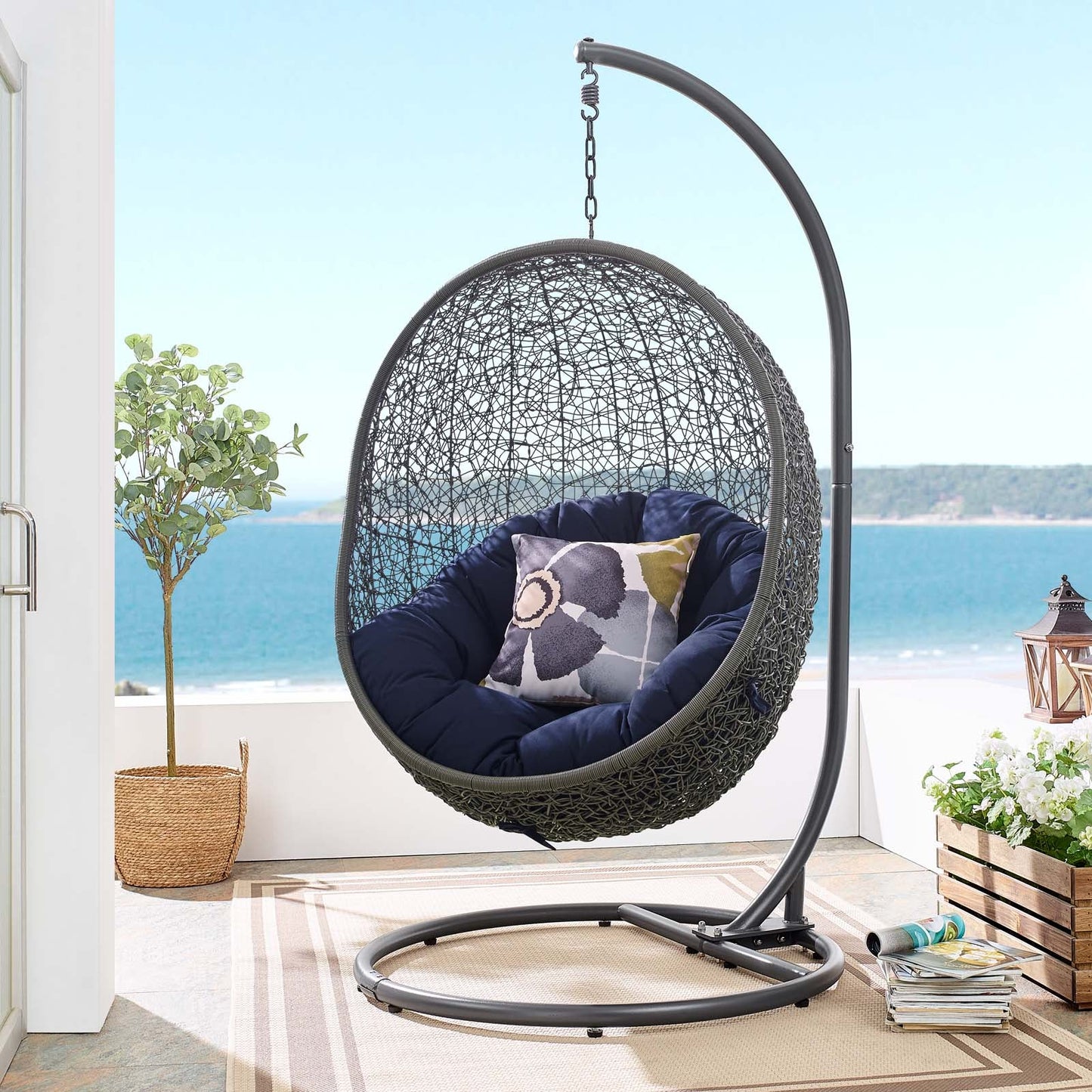 Hide Outdoor Patio Sunbrella® Swing Chair With Stand Gray Navy EEI-3929-GRY-NAV