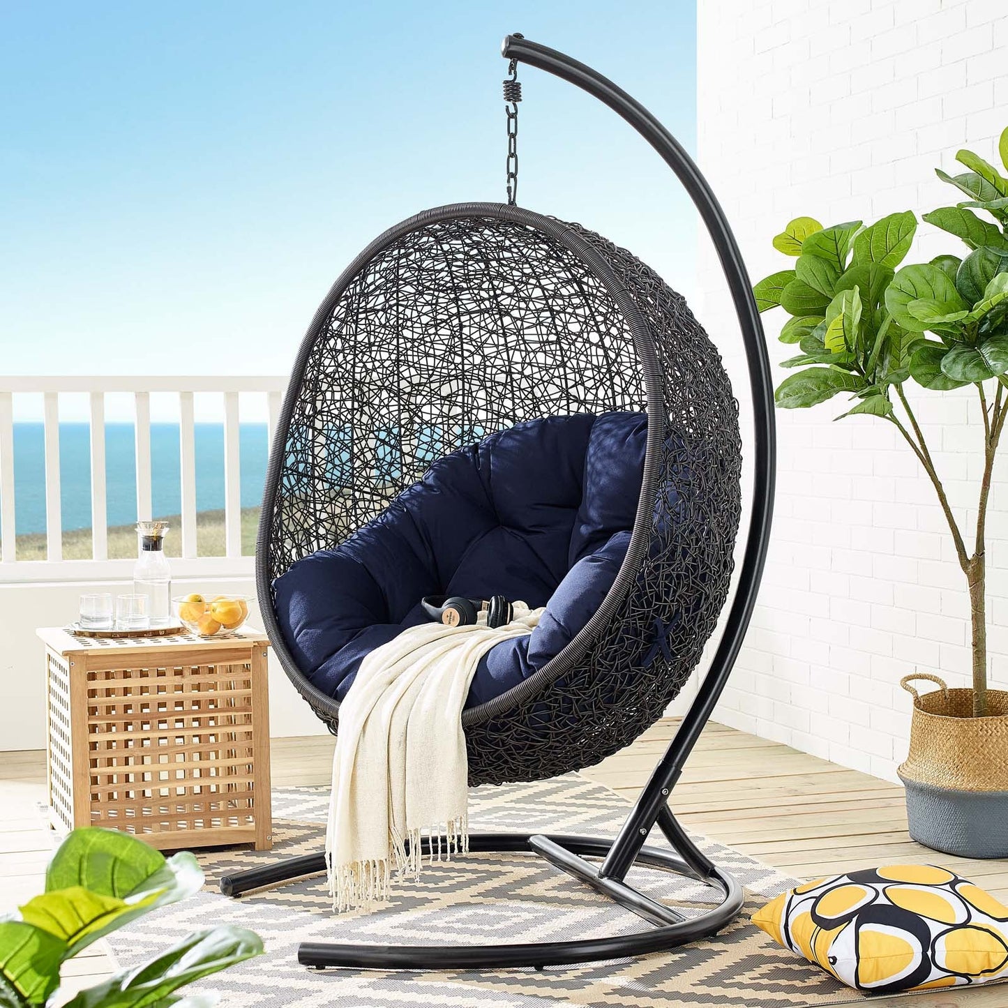 Encase Sunbrella® Swing Outdoor Patio Lounge Chair Black Navy EEI-3943-BLK-NAV