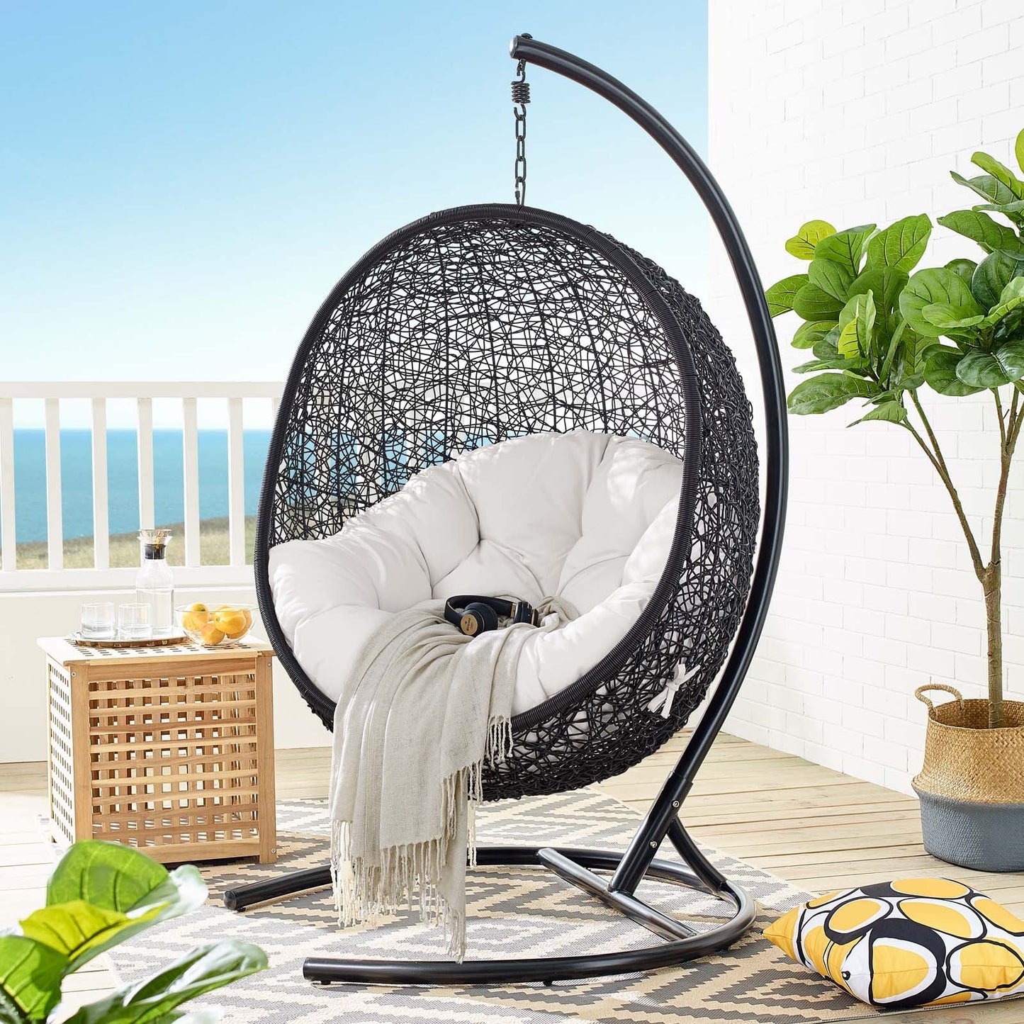 Encase Sunbrella® Swing Outdoor Patio Lounge Chair Black White EEI-3943-BLK-WHI